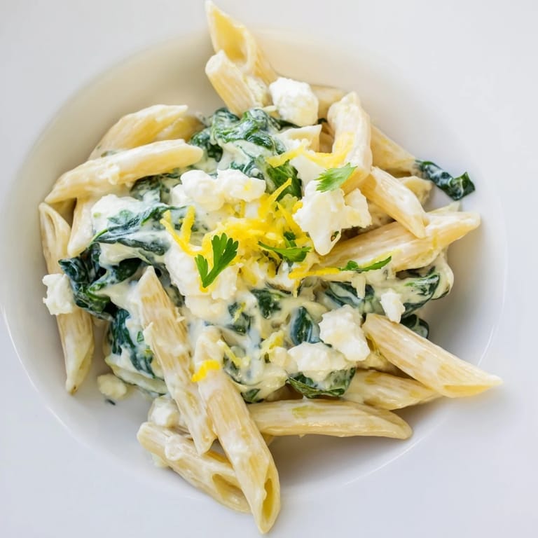 Overhead view of Creamy Feta Spinach Pasta, highlighting the rich texture and steam rising from the freshly tossed dish.