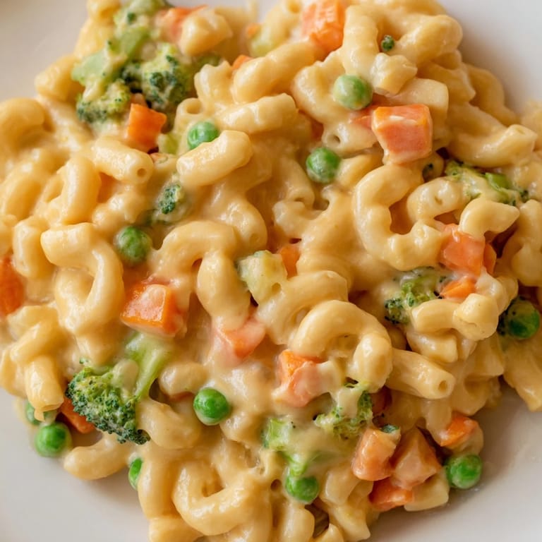 Steaming Garden Veg Mac and Cheese is served in a rustic bowl, showcasing a hearty blend of colorful vegetables and pasta in a comforting, velvety cheese sauce.