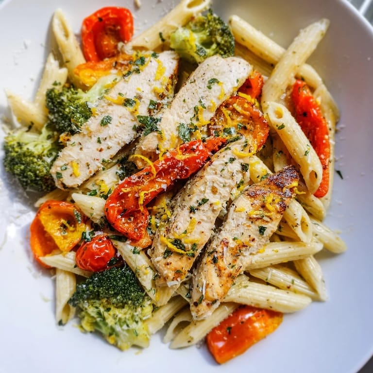 Garlic Herb Chicken & Veg Pasta served in a white bowl, garnished with fresh parsley and grated Parmesan cheese.