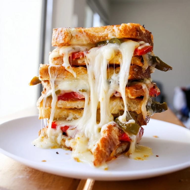 Close-up of Pepper Jack & Tomato Grilled Cheese on a checkered napkin, showcasing gooey pepper jack and vibrant tomatoes against a rustic wooden board.