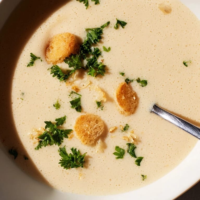 Warm and savory roasted garlic soup served with crusty bread, perfect for chilly evenings.