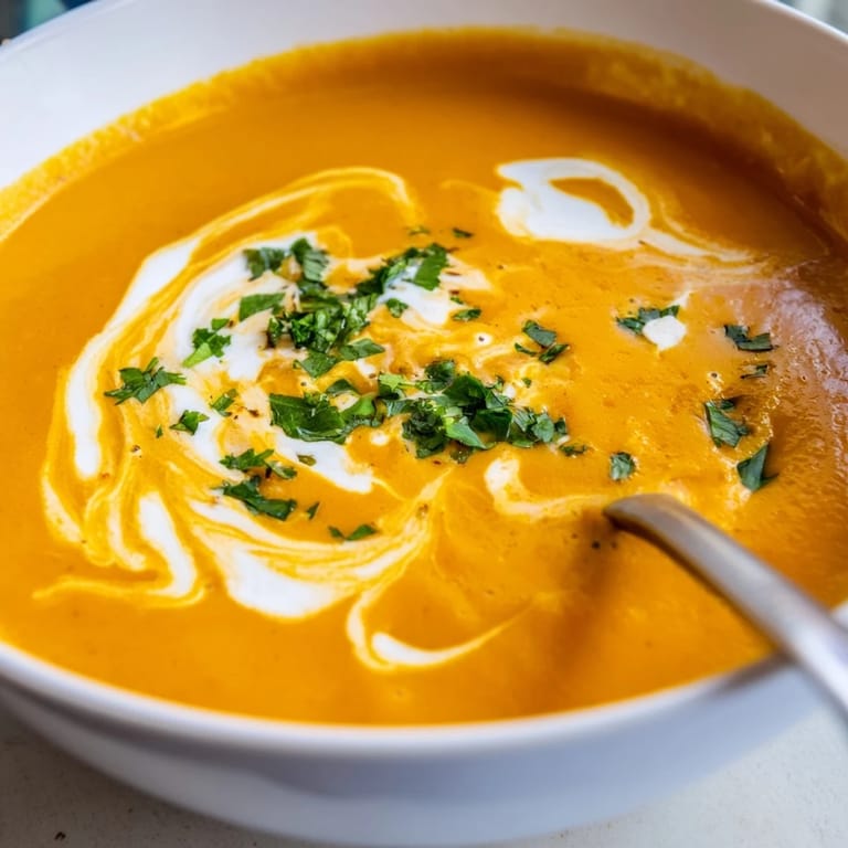 Bright orange Carrot Ginger Soup with a lemon wedge and fresh herbs on the side, highlighting its smooth, comforting texture in a cozy kitchen.