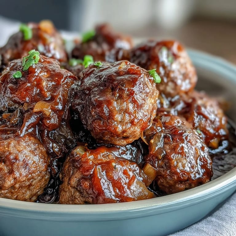 Glazed meatballs coated in a sticky sweet and tangy peach glaze, served steaming hot as a comforting main dish over fluffy white rice.