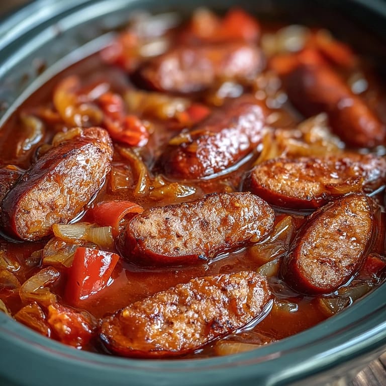 Tender vegetables and sliced smoked sausages swim in rich Crock Pot BBQ Cocktail Sausage Soup inside a slow cooker insert.