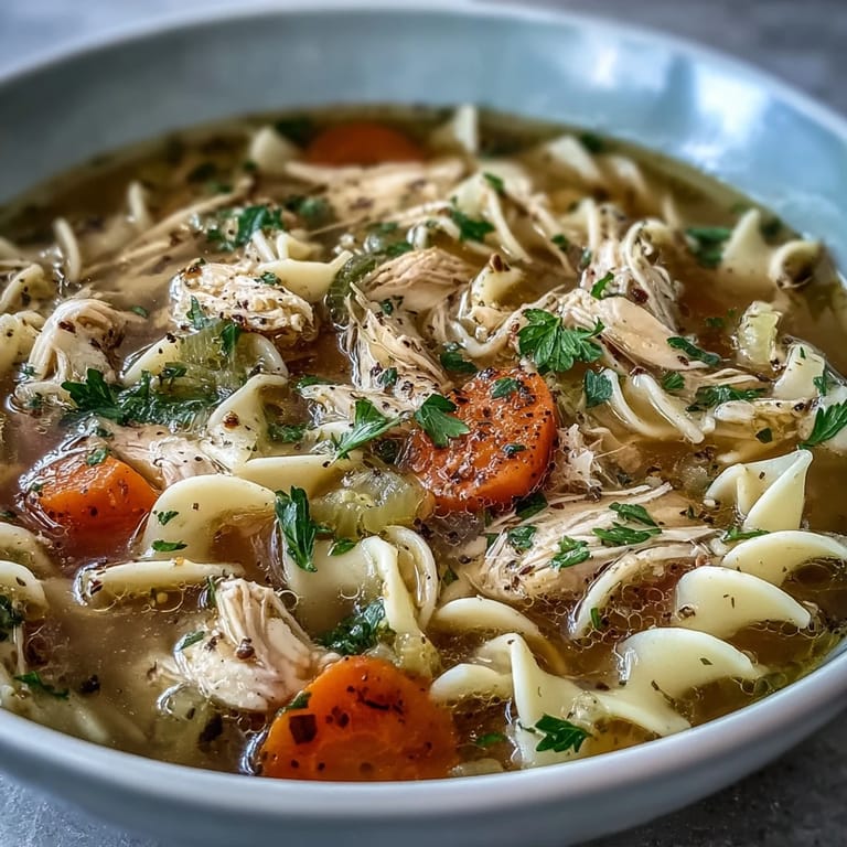 A spoon dips into a hearty bowl of Instant Pot Chicken Noodle Soup garnished with fresh parsley.