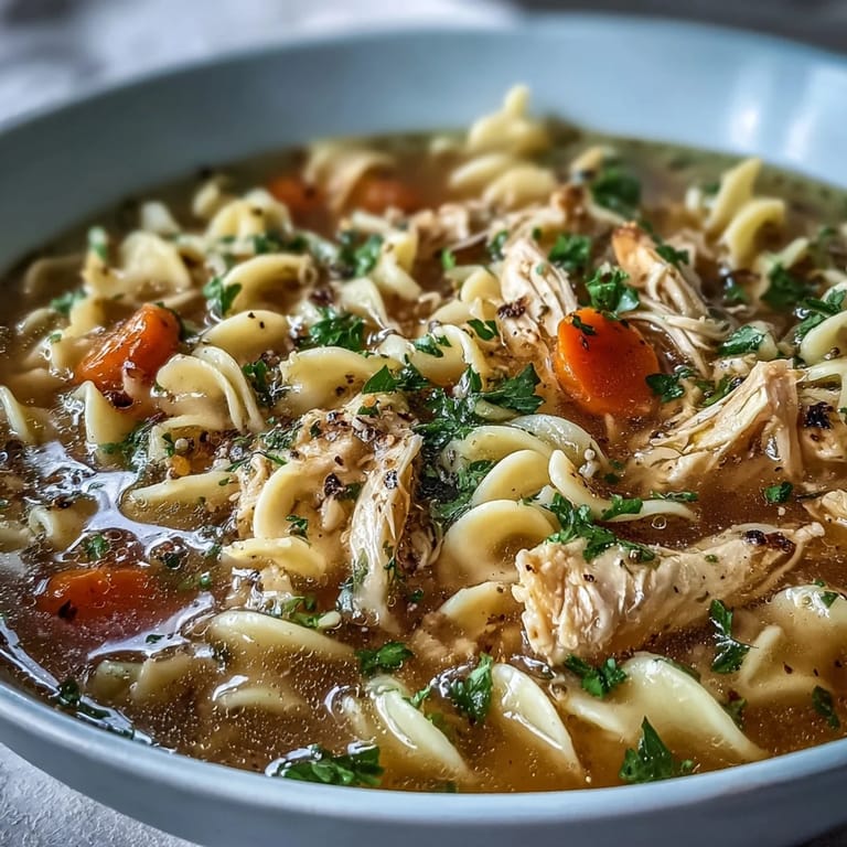 Overhead view of Instant Pot Chicken Noodle Soup in a rustic bowl, ready to serve with crusty bread.