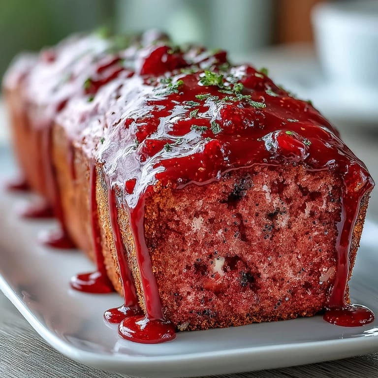 A close-up of Blood Orange Loaf Cake with Poppy Seeds and Marzipan highlights the moist texture, poppy seeds, and marzipan swirls on the tender slice.
