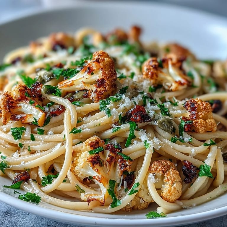 A close-up of roasted cauliflower and anchovy fillets tossed with whole wheat spaghetti.