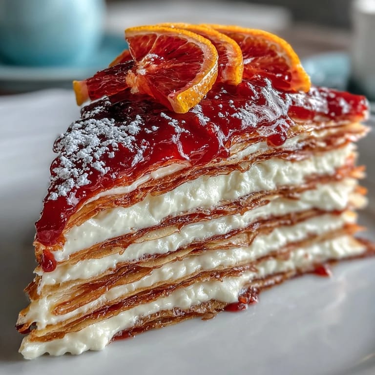 A plated slice of Blood Orange Curd Crêpe Cake topped with powdered sugar, blood orange zest, and vibrant edible flowers, ready to serve.