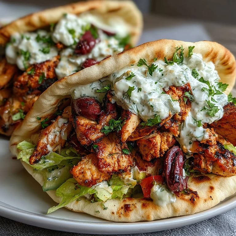 Sizzling marinated chicken thighs rest on fluffy pita alongside cool cucumber tzatziki and vibrant red tomatoes and onions.