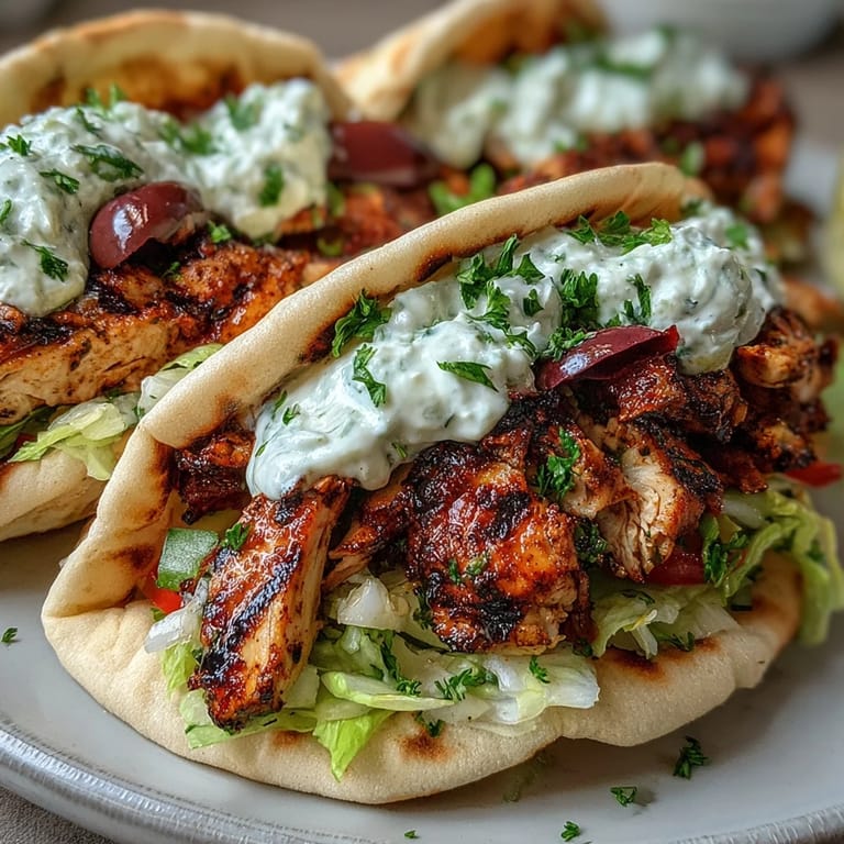 Freshly assembled Mediterranean Chicken Gyros with creamy feta sauce, Kalamata olives, and herbs ready for a delicious dinner.