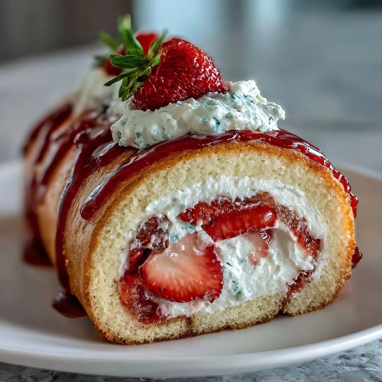 Overhead view of Strawberry Shortcake Sushi Roll pinwheels arranged on a wooden board with sliced strawberries and sauce.