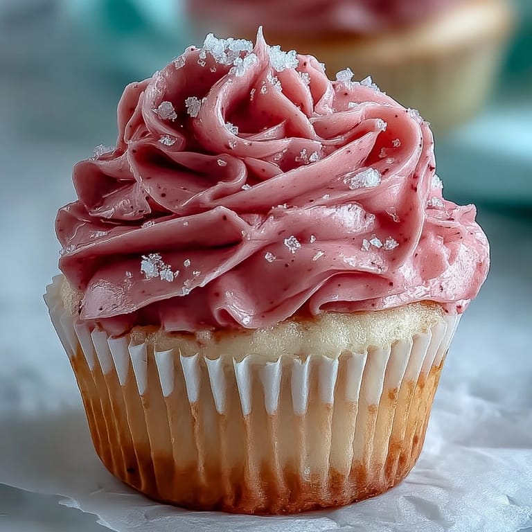Close-up of a sliced Pink Velvet Cupcake revealing a tender, moist crumb and rich vanilla buttercream frosting.