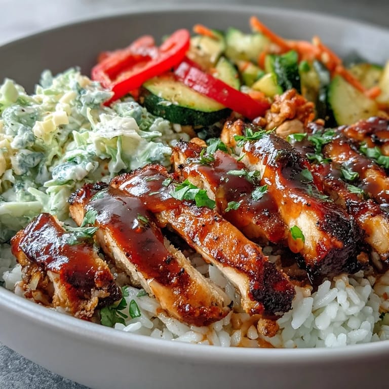 Overhead view of a wholesome BBQ Chicken Bowl displaying tender chicken, fluffy rice, bright vegetables, and creamy coleslaw.