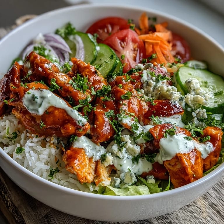 A finished Buffalo Chicken Bowl layered over white rice with tomatoes and blue cheese.