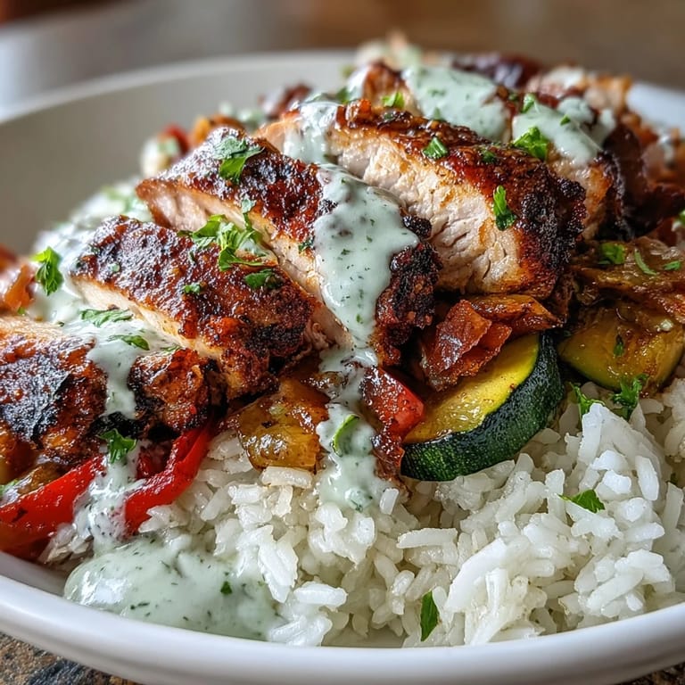 A close-up of seasoned blackened chicken slices resting on rice with sautéed veggies and lime crema drizzle.