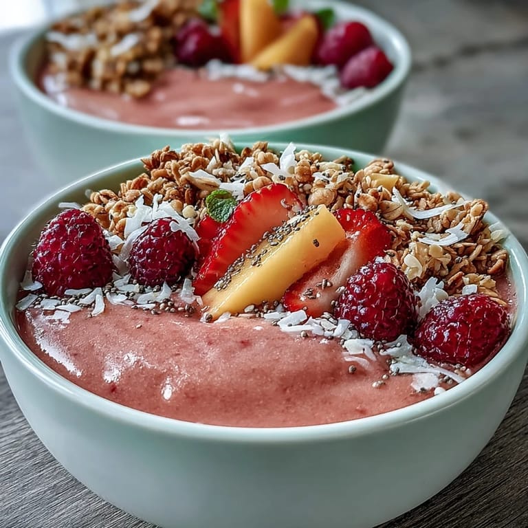 Overhead shot of Guava and Mango Smoothie Bowl with colorful mixed berries, crunchy granola, and shredded coconut on a light breakfast table.