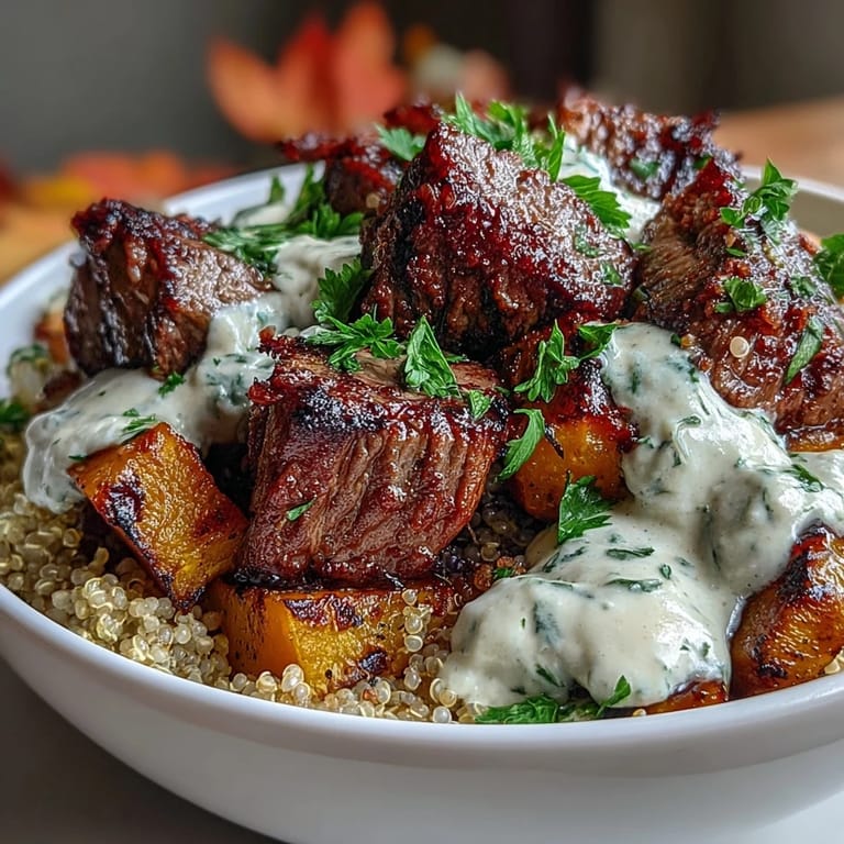 Vibrant garnishes of fresh parsley and herbs top a hearty serving of Savory Butternut Squash & Garlic Herb Steak Bowls, perfect for dinner.