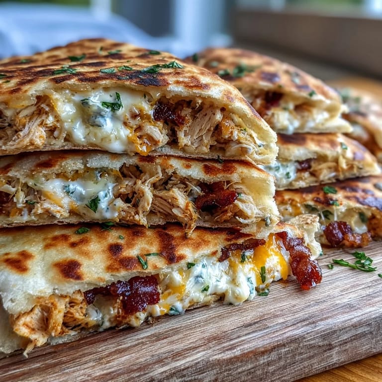 Two halves of Ranch Crack Chicken Stuffed Naan reveal creamy ranch chicken filling and gooey cheese.