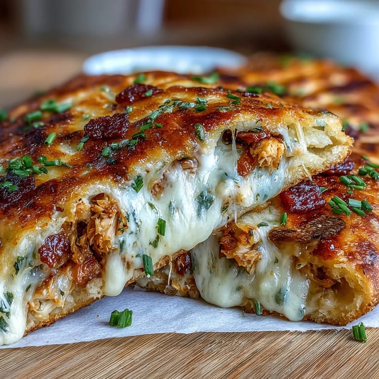 Freshly sliced wedges of Ranch Crack Chicken Stuffed Naan reveal creamy shredded chicken and sharp cheddar filling.