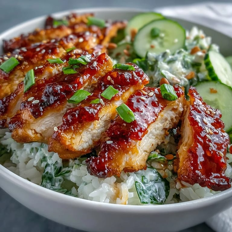 Juicy sliced chicken thighs served over fluffy rice with vibrant green onions and a bold spoonful of spicy chili crisp on TikTok Chili-Crisp Cucumber Chicken Bowls.