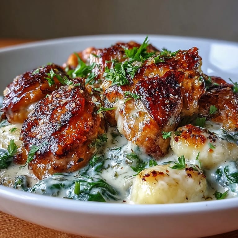 A single-pan meal of One-Pan Creamy Garlic Chicken Gnocchi garnished with herbs, ready for serving.