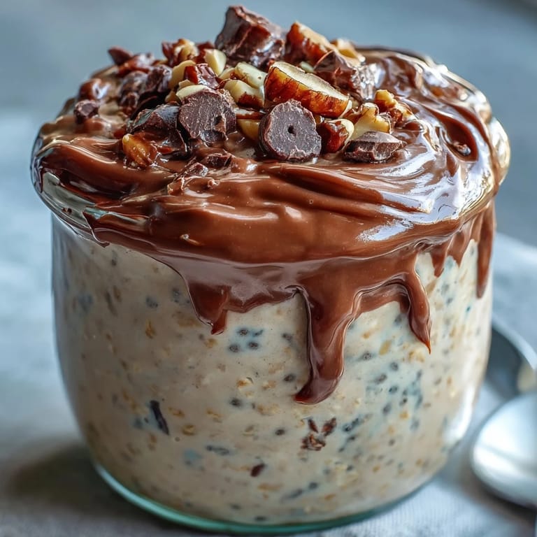 Two jars of creamy Peanut Butter Cup Overnight Oats, showing thick yogurt and oat layers with a glossy chocolate topping for a high-protein morning meal.