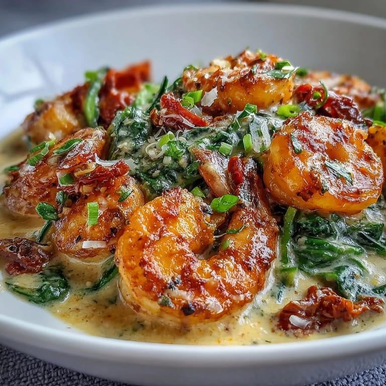Tender sautéed shrimp coated in a creamy Tuscan sauce with sun-dried tomatoes and spinach, served atop fresh, lightly warmed zucchini noodles.