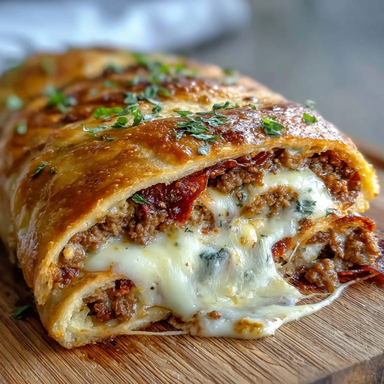 Steam rising from a warm High-Protein Pepperoni Stromboli with crispy crust, pepperoni slices, and savory beef filling.