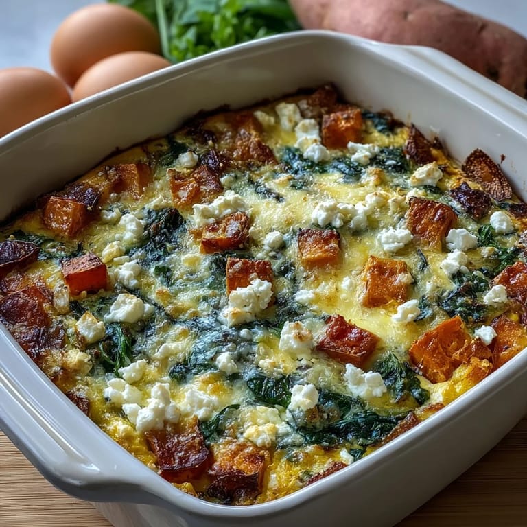 A freshly baked Easy Sweet Potato Egg Casserole in a dish, with a golden-brown top and colorful vegetable filling.