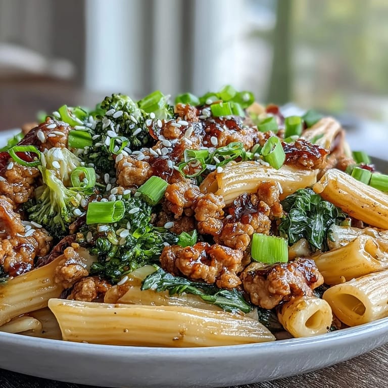 A close-up shows a fork lifting a saucy bite of Sweet & Spicy Turkey Broccoli Pasta, garnished with green onions and sesame seeds.