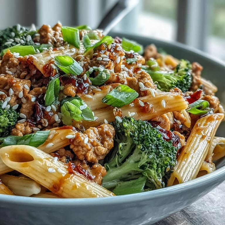 Served in a shallow white bowl, this Sweet & Spicy Turkey Broccoli Pasta is topped with sesame seeds and fresh green onions.