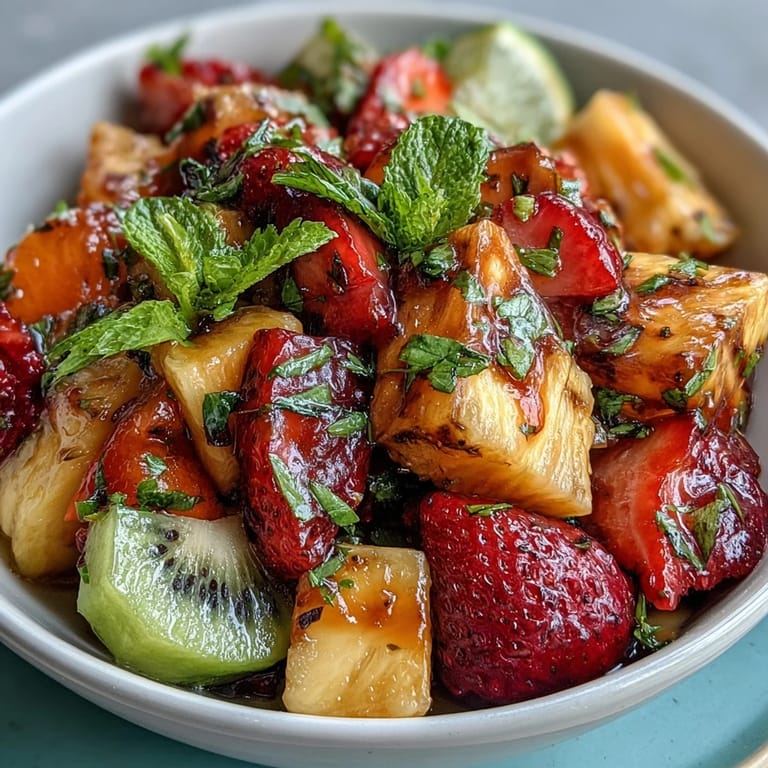 Vibrant tropical fruit salad with mint lime dressing, a perfect summer side dish with juicy strawberries and citrus zest.