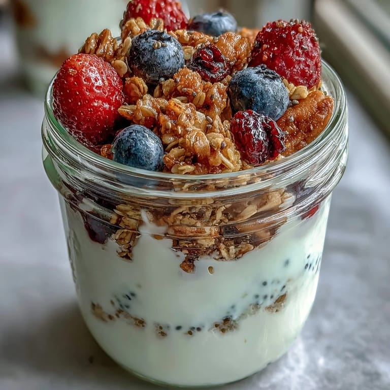 Creamy Greek yogurt topped with juicy mixed berries and a golden granola crumble for a satisfying breakfast treat.