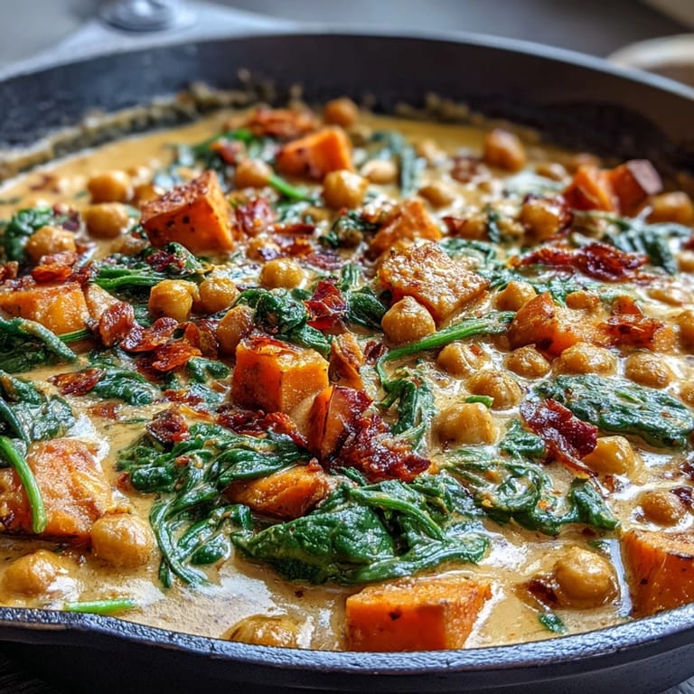 Fragrant one-pan vegan curry featuring chickpeas, sweet potatoes, and spinach simmered in rich coconut milk with warm Indian-inspired spices.