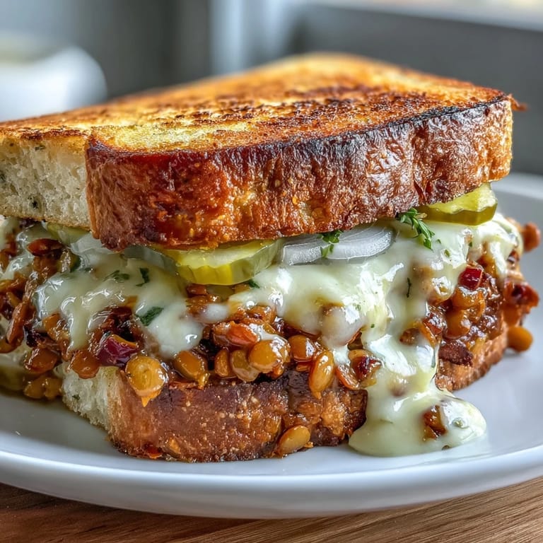 Comforting vegan cheeseburger lentil sloppy joes on golden toasted sourdough, finished with tangy pickles and onions.