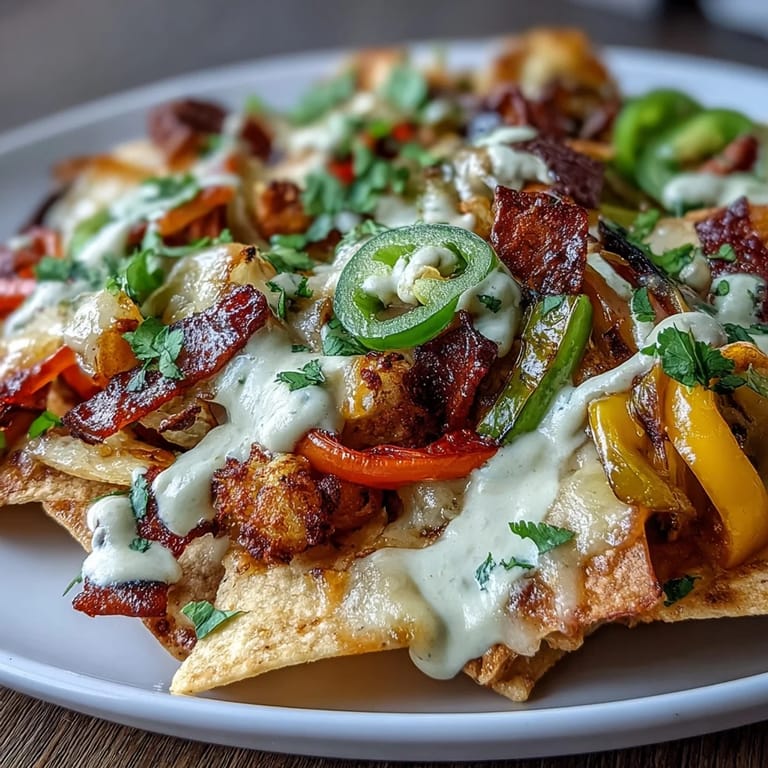 Colorful sheet pan nachos loaded with bell peppers, zucchini, corn, and smoky cashew queso for a satisfying plant-based meal.