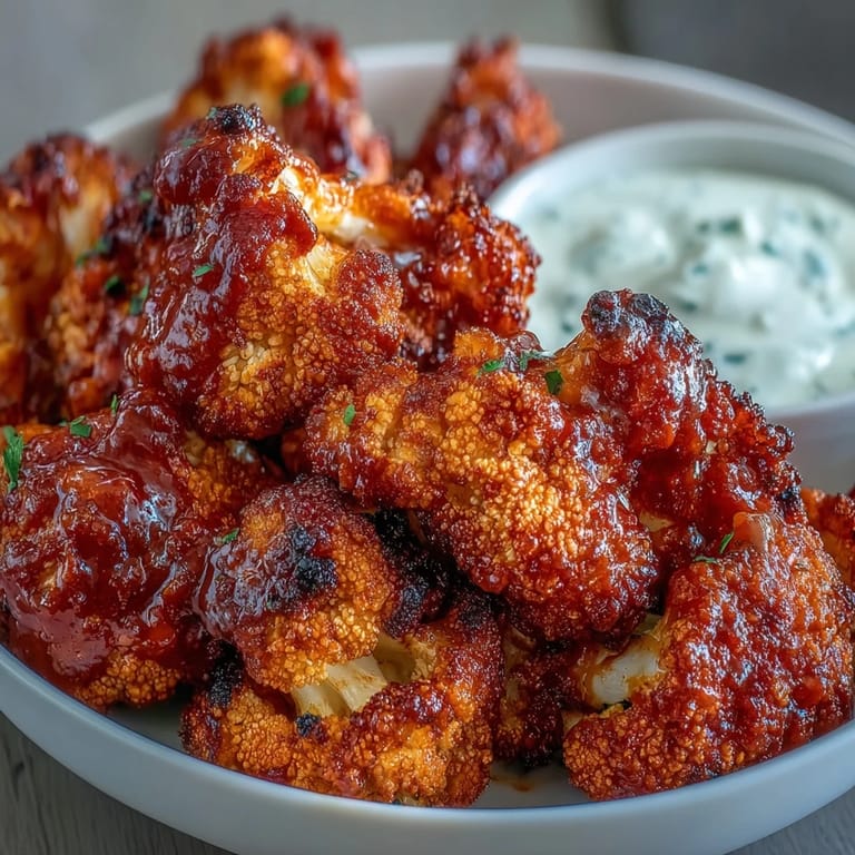 Spicy buffalo cauliflower bites roasted to perfection, served alongside cool and creamy homemade ranch yogurt dip for a keto-friendly treat.