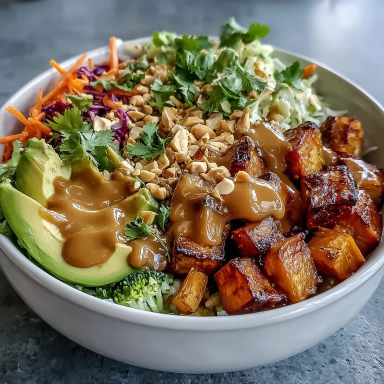 Nourishing Buddha bowl featuring roasted sweet potatoes, colorful veggies, and rich Thai peanut sauce for a satisfying lunch.  