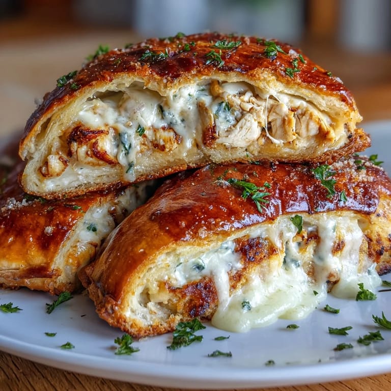 Decadent Chicken Pillows with Garlic Parmesan Sauce: flaky crescent dough wrapped around cheesy chicken filling, brushed with rich garlic butter and Parmesan.