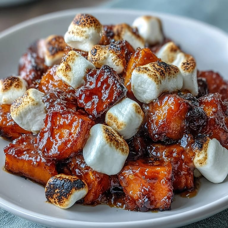 A comforting side dish of tender yams topped with gooey marshmallows and hints of cinnamon and vanilla.  
