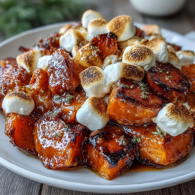 Classic American candied yams featuring soft yams in maple-vanilla glaze, finished with toasted mini marshmallows.