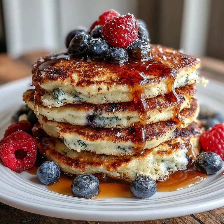 Golden-brown cottage cheese pancakes dotted with juicy blueberries and raspberries, perfect for a healthy breakfast.