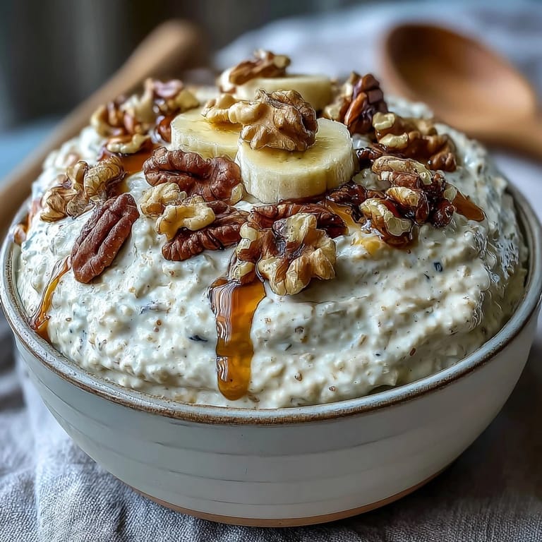 Wholesome overnight oats with ripe banana, cinnamon, and walnuts, layered in a glass jar for a delicious, make-ahead morning meal.