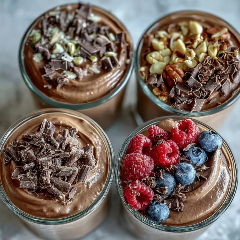 Decadent high-protein chocolate mousse cups layered with fresh berries and crunchy roasted nuts for a satisfying treat.