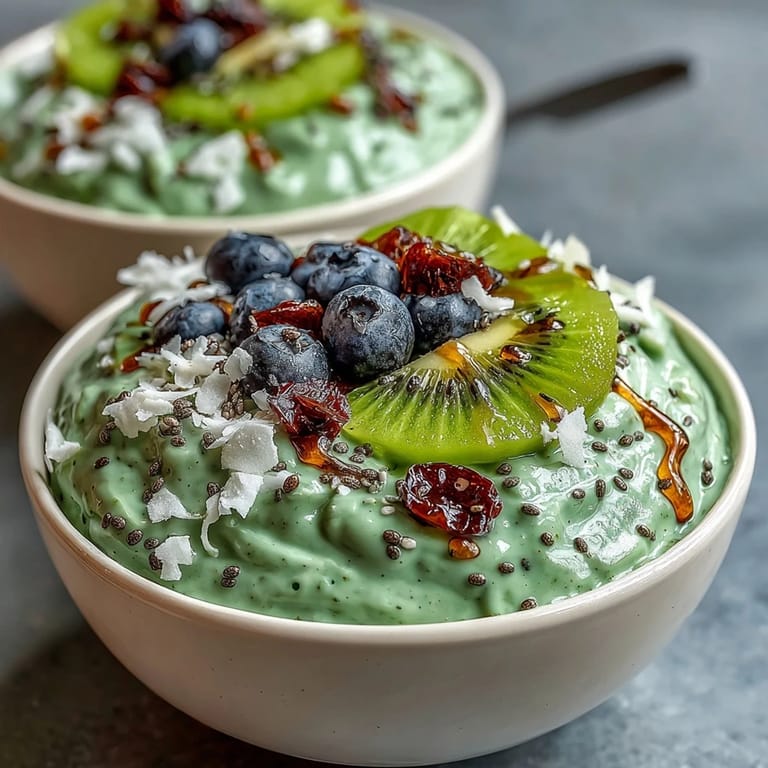 Vibrant green matcha overnight oats with coconut and chia seeds, garnished with banana slices and a drizzle of honey, served in a rustic glass jar.
