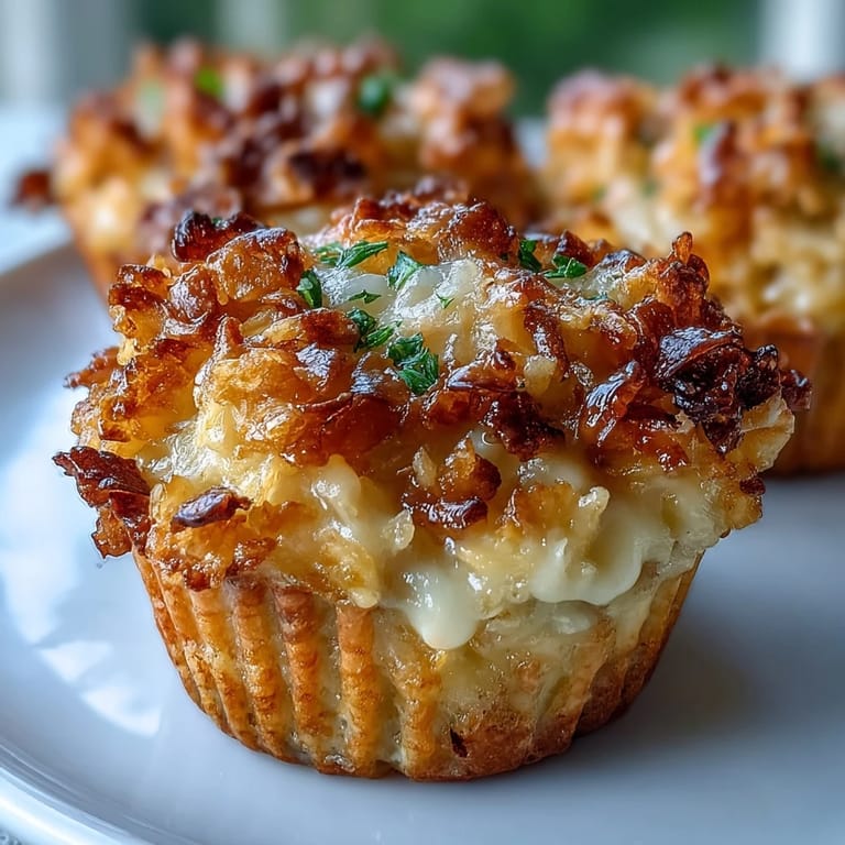 Warm funeral potatoes muffin cups served with fresh chives, perfect for brunch or potluck gatherings.