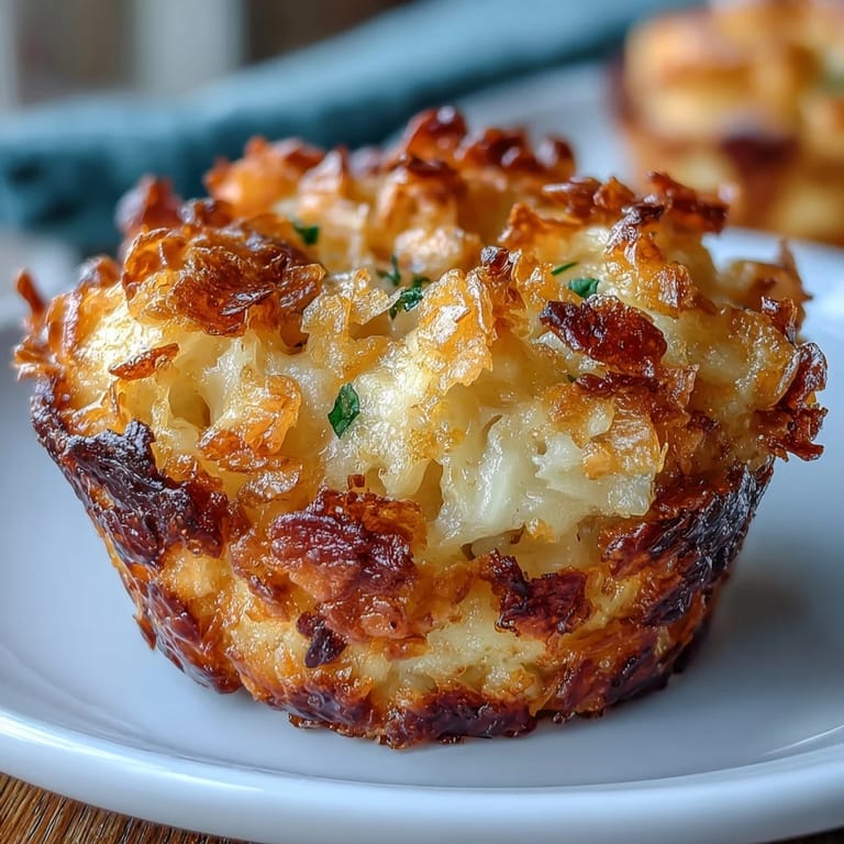 Savory funeral potatoes muffin cups baked until bubbly, featuring creamy hash browns and crunchy topping.