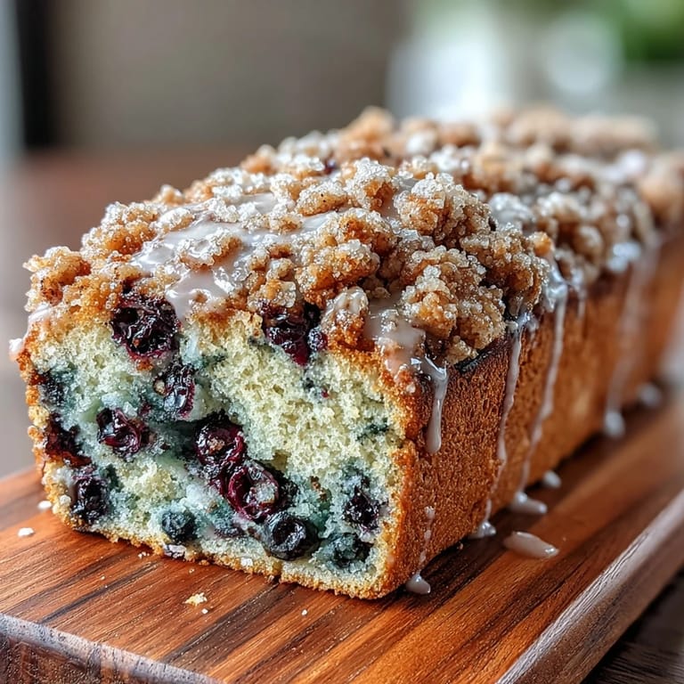 Moist sourdough bread filled with juicy blueberries and bright lemon zest, topped with a crunchy golden crumble for a delightful morning treat.