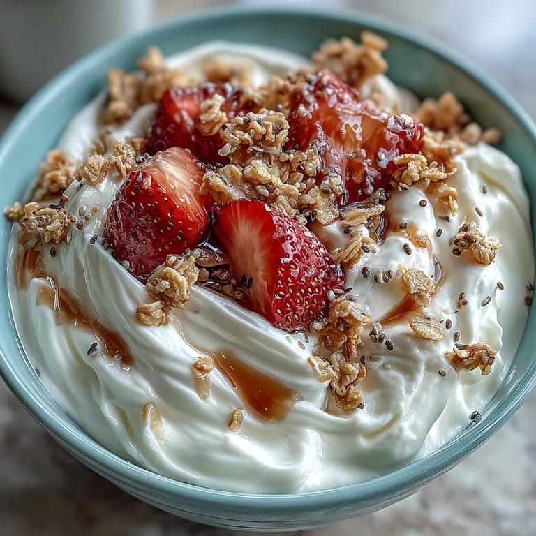Light and creamy yogurt topped with juicy strawberries and a hearty granola crunch, perfect for a healthy morning meal.